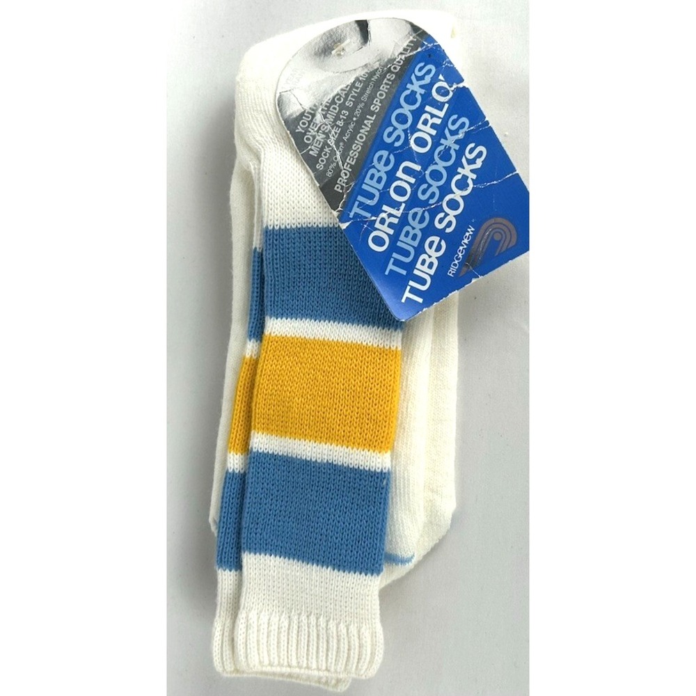 NEW Vtg Ridgeview Youth Ladies Orlon Tube Socks Sz 8-13 Over The Calf Blue Gold